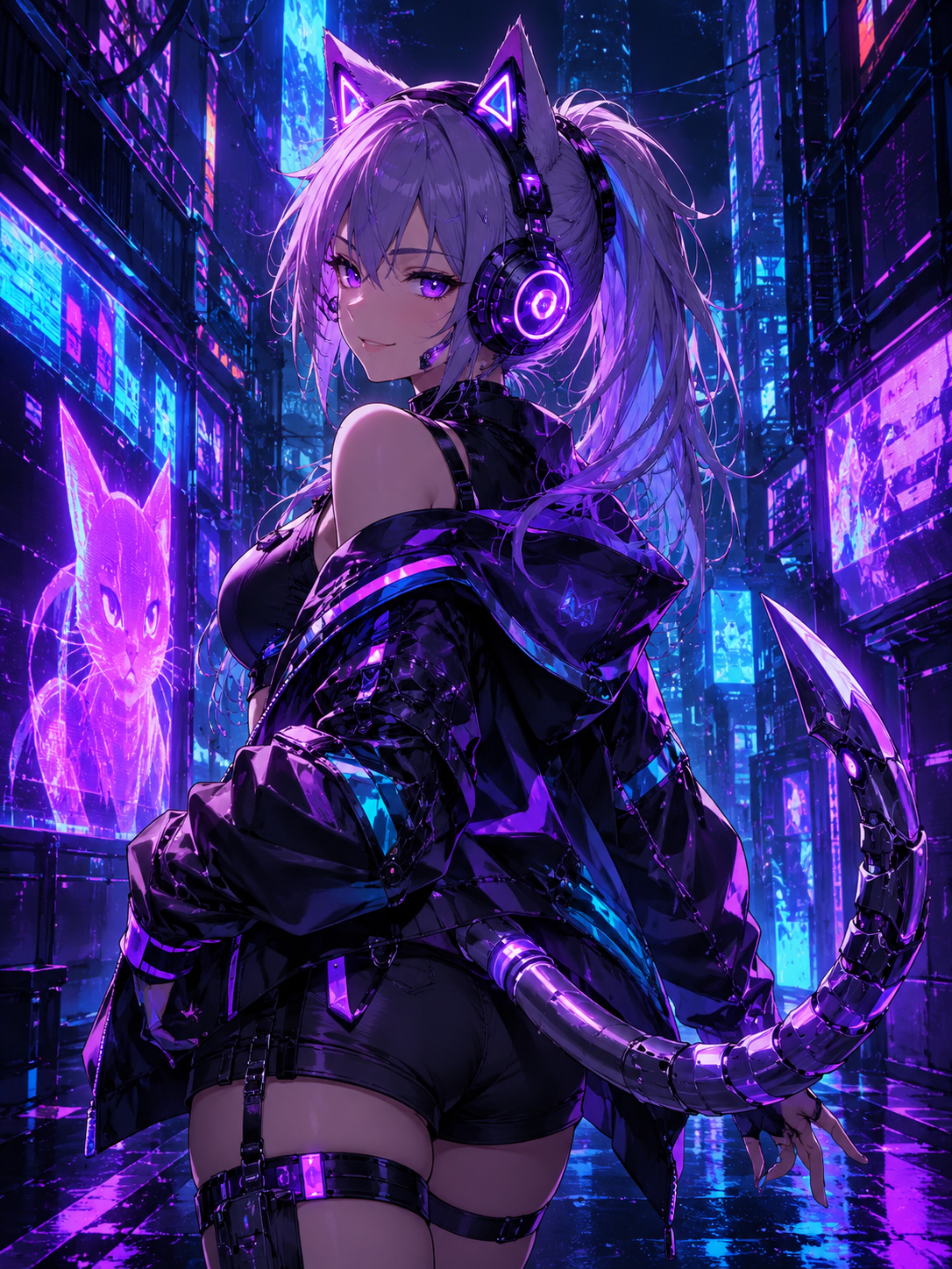 赛博猫耳少女_Cyber Neko Anime Portrait